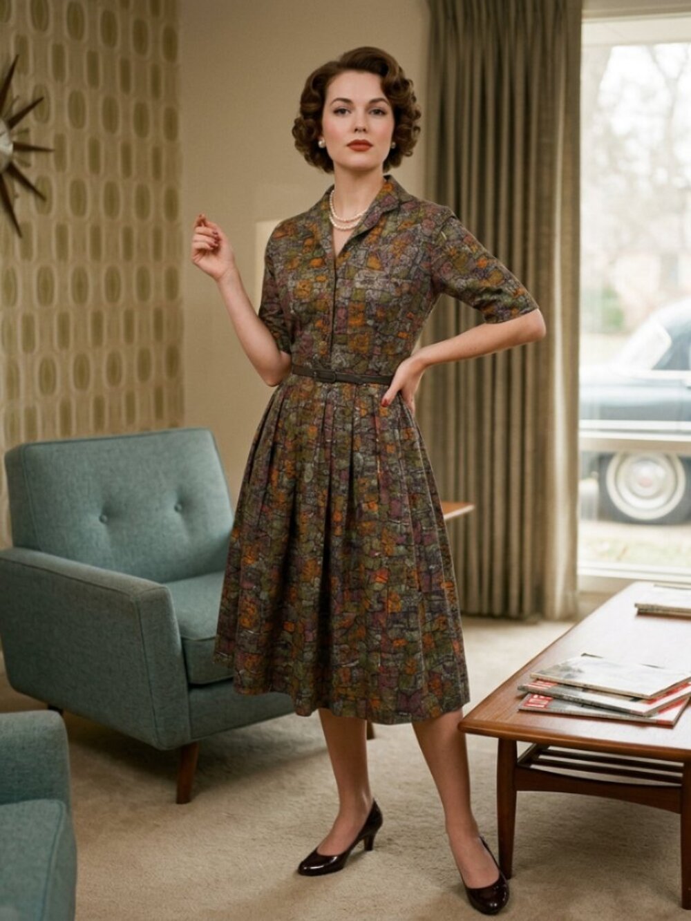 Vintage 1950s Abstract Pollock Print Day Dress, Atomic MCM Midcentury Shirtwaist